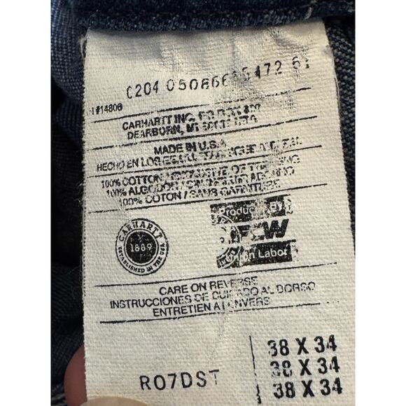 38 x 34 carhartt overalls blue denim jeans made in USA carpenter - Picture 11 of 11